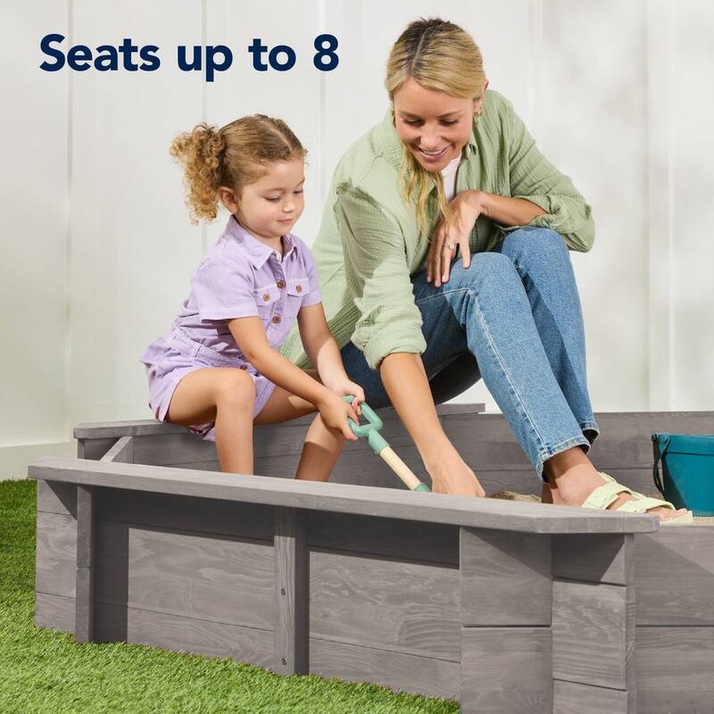 Outdoor Kids Sandbox with Bench Seats and Hemlock Wood Frame UV-Resistant Cover and Liner - 78”L x 78”W x 9”H