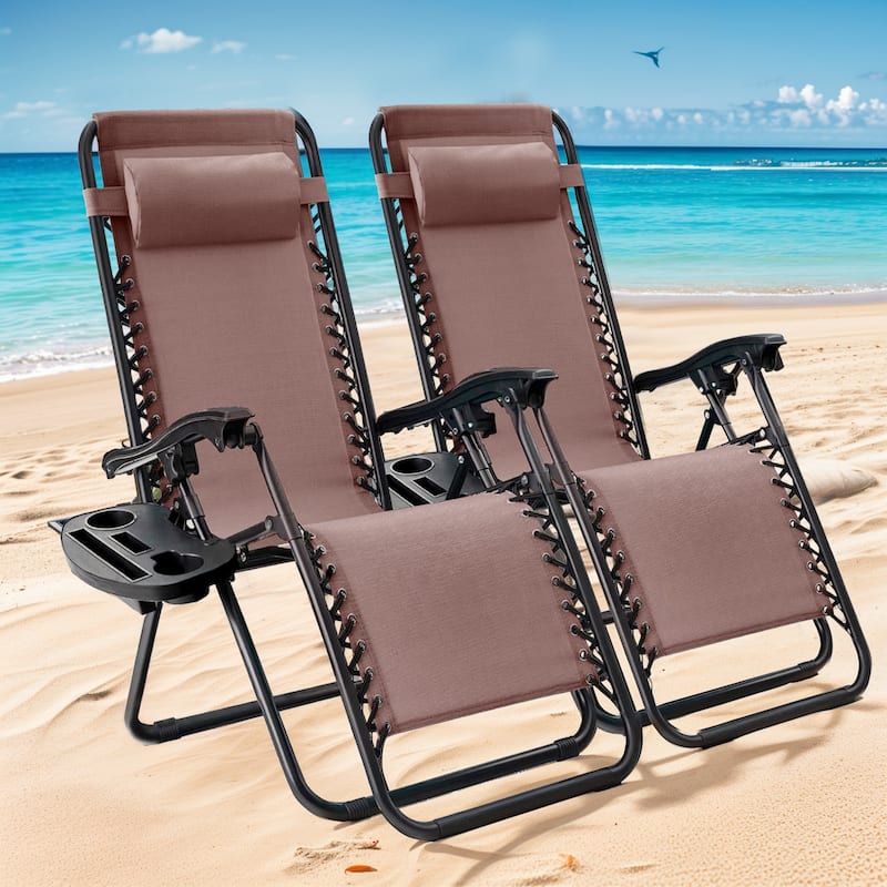 Set of 2 Zero Gravity Recliner Lounge Chairs with Cup Holders, Folding Patio Camping Beach Chairs for Outdoor Relaxation
