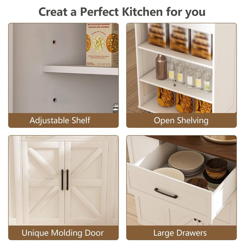 Anmytek White Farmhouse Kitchen Island Cart with Charging Station and Hidden Trash Compartment Rolling Cart for Kitchen Storage