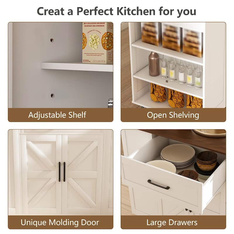 Kitchen Island with Wood Top, Kitchen Island Cart on Locking Wheels, Rolling Cart with Power Outlet, Drawer & Adjustable Shelf