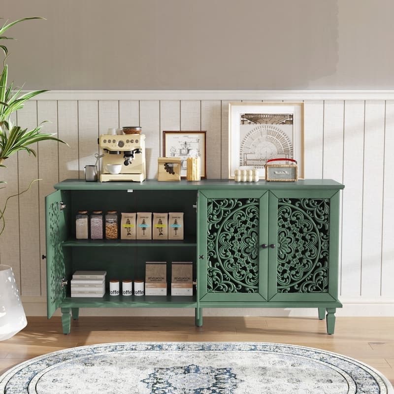 Carved Flower Door Large Storage Cabinet With Metal Handle