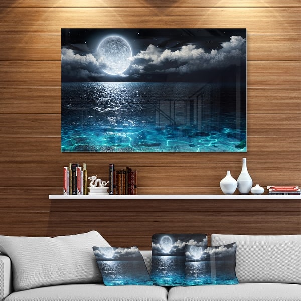 Romantic Full Moon Over Sea - Seascape Photo Glossy Metal Wall Art