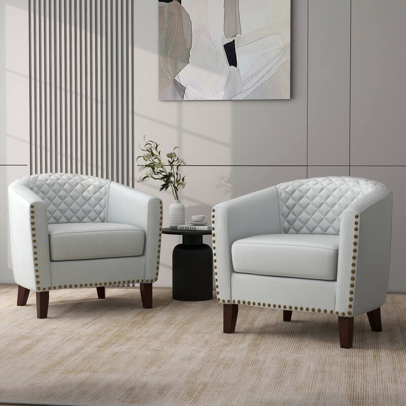 Faux Leather Tufted Nailheads Upholstered Barrel Accent Chairs - 2 Set - White