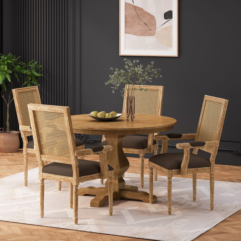 Mores Wood and Cane Upholstered 5 Piece Circular Dining Set by Christopher Knight Home - Natural/Brown