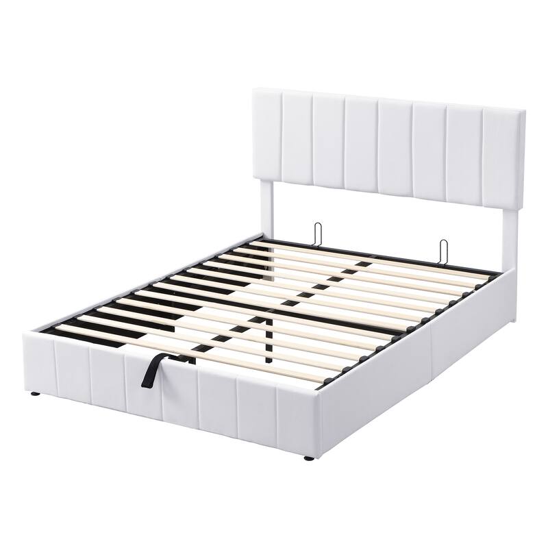 Queen Size Upholstered Platform Bed with Hydraulic Storage in White