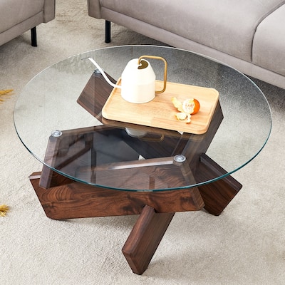 Round Coffee Table, Modern Center Table with Tempered Glass Top, Unique Wood Tea Table for Living Room, Walnut