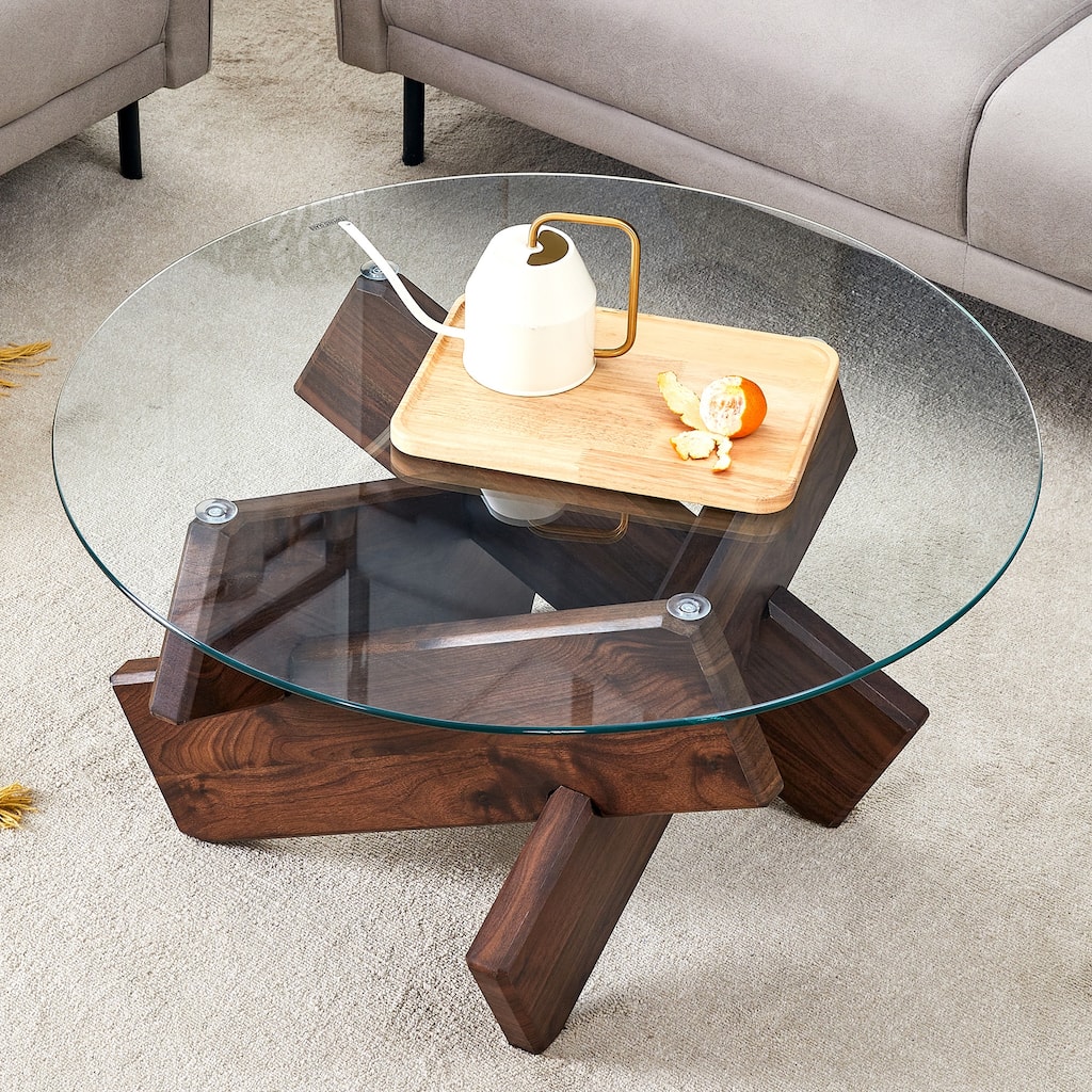 Round glass coffee table, 33.4" unique coffee table, Tempered glass top with Walnut colored texture sticker MDF legs