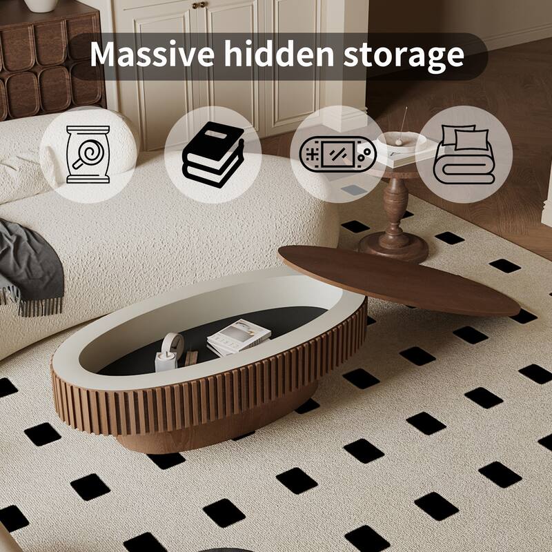 Modern 47" Oval Coffee Table with Storage Solid Wood Veneer for Living Room and Bedroom Decor