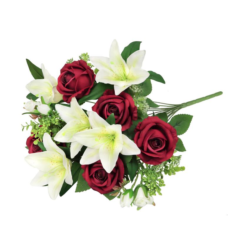 Set of 2 Red Cream Artificial Mixed Rose Stargazer Lily Flower Stem Bush Bouquet 18in - 18" L x 11" W x 11" DP