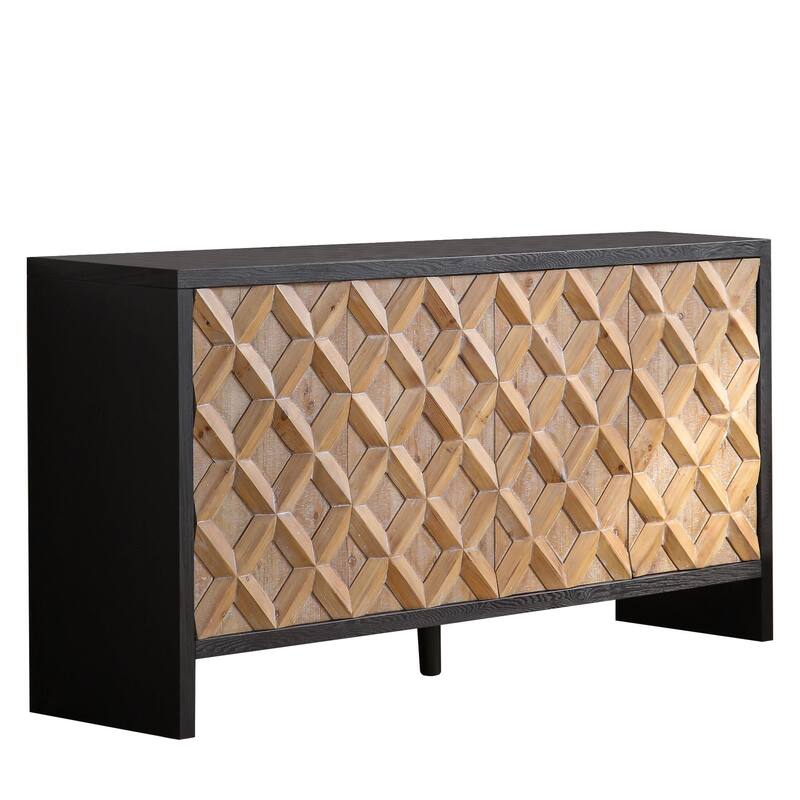 Rustic 4-Door Wood Storage Cabinet Buffets with Geometric Pattern,Adjustable Shelves Natural Wood Sideboard Cabinet