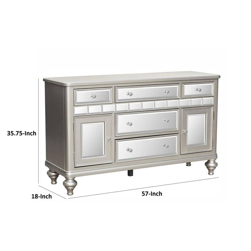 Jomo Sideboard Buffet Console, Mirror Front, 5 Drawers Silver, 57 Inch