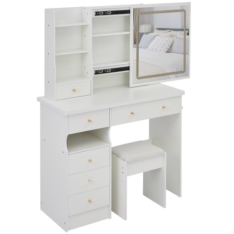 37" Middle Size Left Drawer Desktop Vanity Table + Cushioned Stool Dresser Set, Large Touch Control LED Sliding Mirror