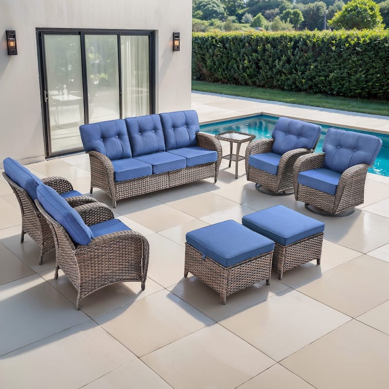TWrap 8-Piece Patio Brown Wicker Sofa Conversation Set with 5-Inch Thick Cushions