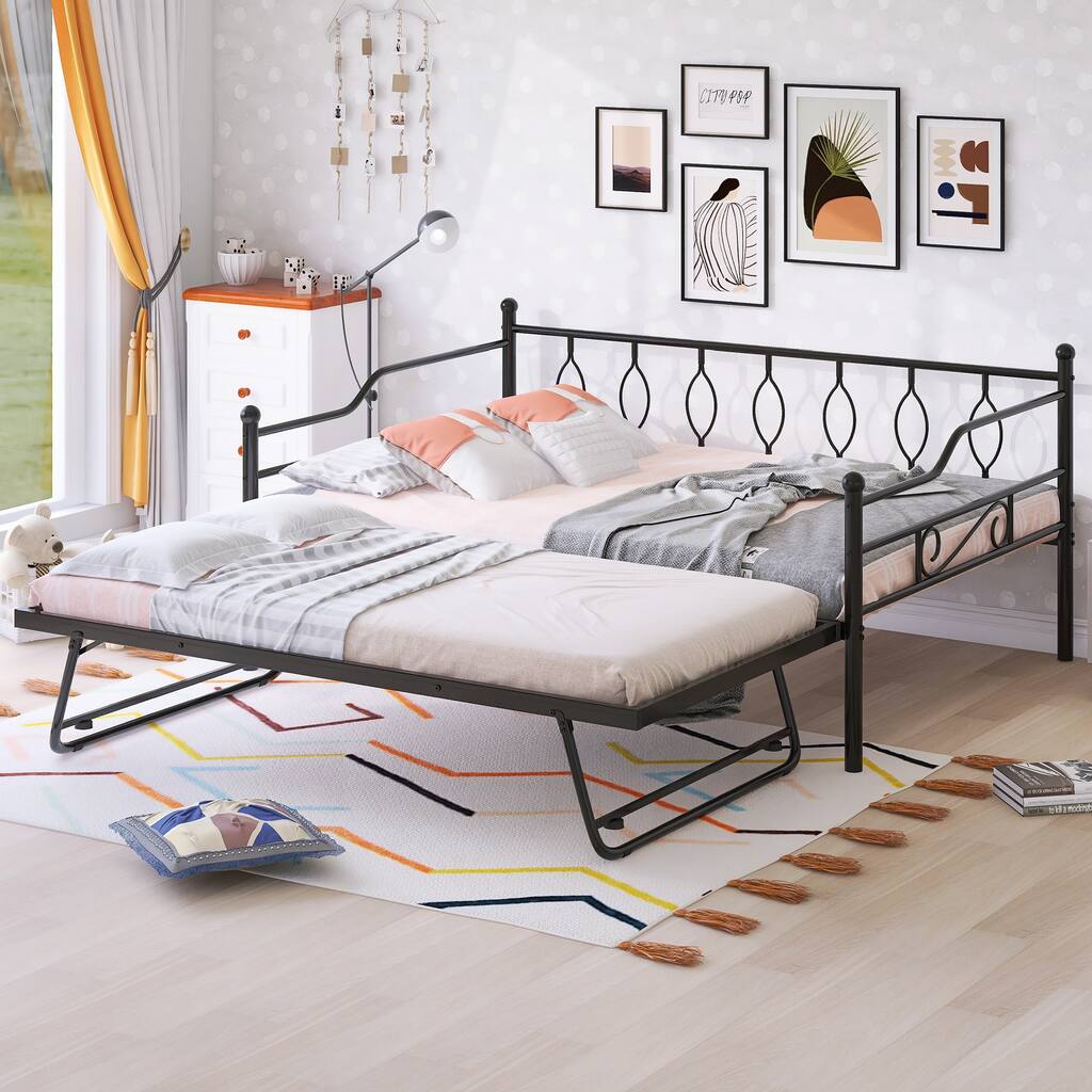 Full Size Metal Daybed, Pull-down Sofa Bed W/ Adjustable Trundle