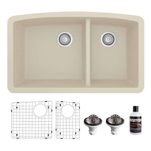 slide 2 of 63, Karran Undermount Quartz 32 in. 60/40 Double Bowl Kitchen Sink Kit Bisque