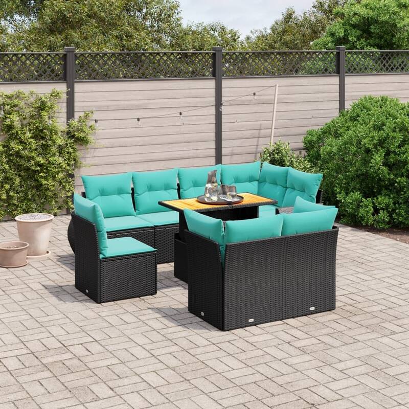 vidaXL Patio Sofa Set with Cushions Outdoor Furniture 9 Piece Poly Rattan - 24.4 x 24.4 x 27.2 - Black