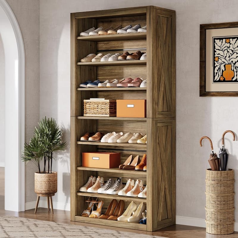 71 Inches Brown Wood Large Shoe Cabinet with Adjustable Shelves, 8-Tier Tall Shoe Storage Organizer for Entryway