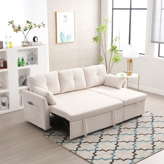 Beige Velvet Sectional wPull-out Sleeper Sofa Bed and Storage Chaise ...