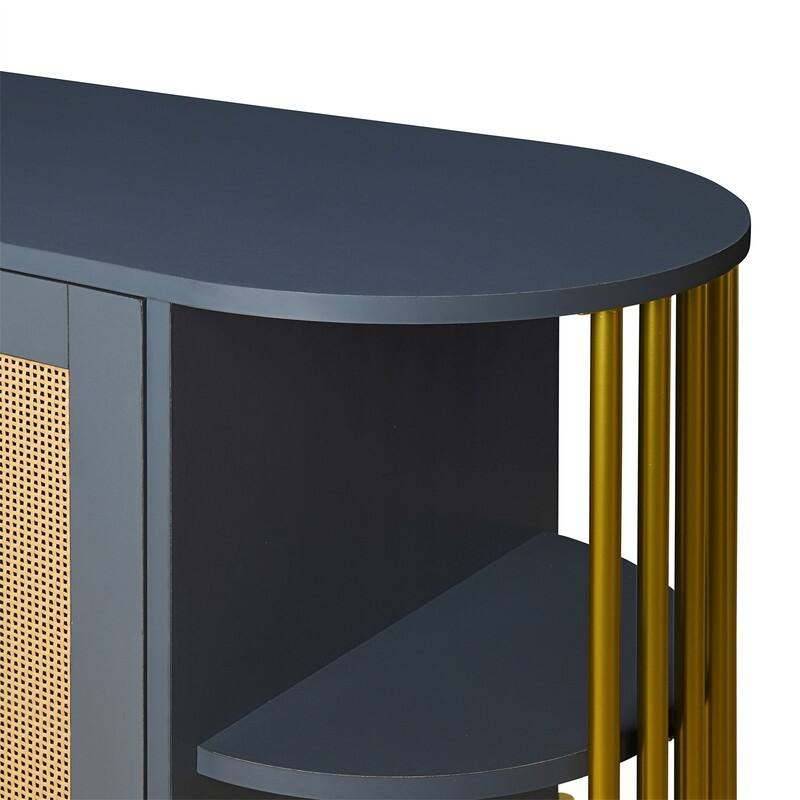Elegant Curved Buffet Cabinet with 2 Woven Rattan Doors, Sideboard Accent Storage Cabinet with Storage Shelves & with Gold Trim