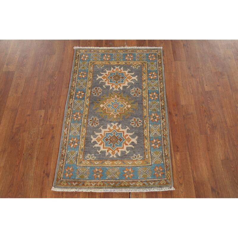 Gray Geometric Kazak Accent Rug Hand-Knotted Wool Carpet - 2'1"x 2'10"
