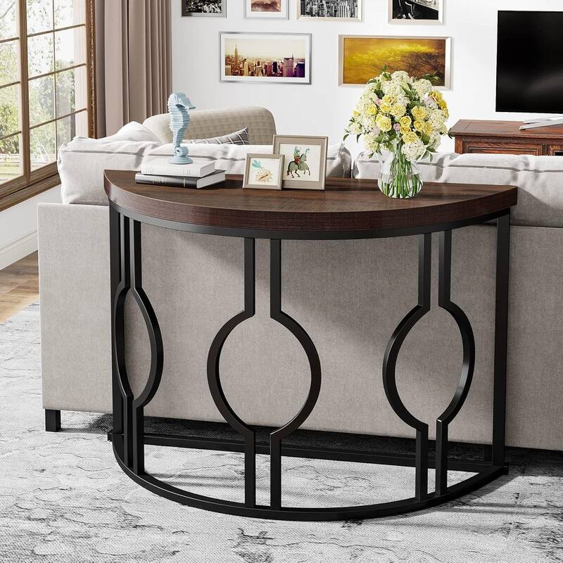 Wood Metal Half Moon Accent Sofa Table with Retro Finish Frame - 13.77"W x 43.3"L x 31.49"H