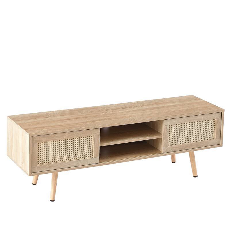55.12" Rattan TV cabinet, double sliding doors for storage, adjustable shelf, TV console