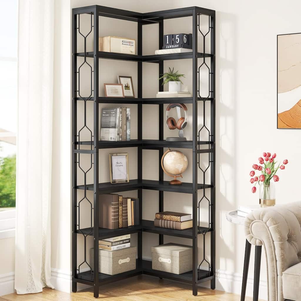7-Tier Corner Shelf, Moder Corner Bookshelf Bookcase with Metal Frame