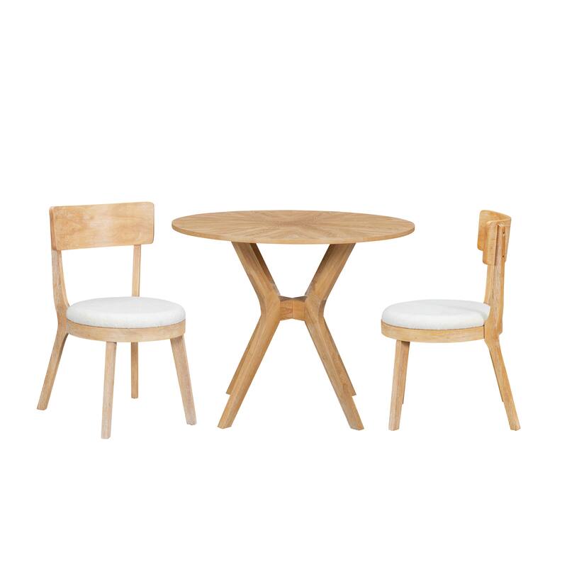Mid-Century Modern 39.4" Round Dining Table Set with 2 Chairs, Intersecting Wooden Legs, Rubberwood & Plywood Construction