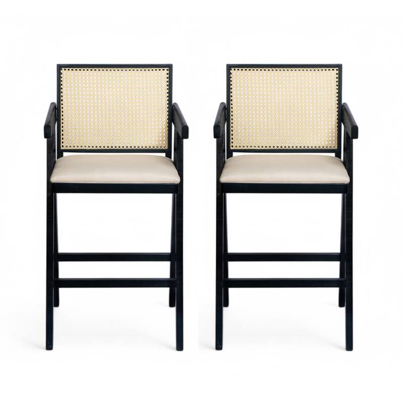 Roomfitters Modern Woven Cane Back Bar Stool with Upholstered Seat, Rubberwood Frame, Set of 2