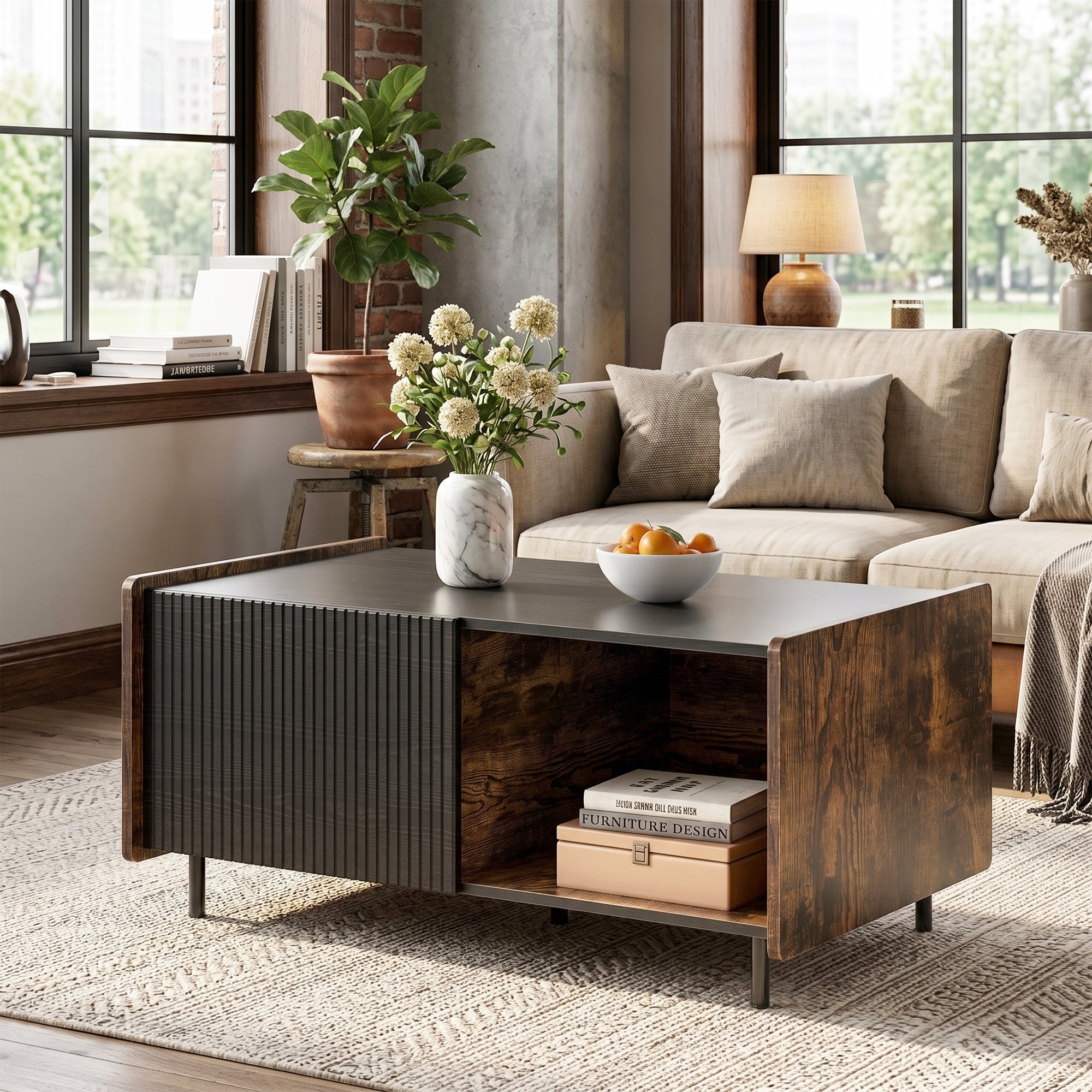 Javlergo Two Tone Black and Brown Coffee Table with Slatted Door Storage Modern Open Shelf Living Room Center Table