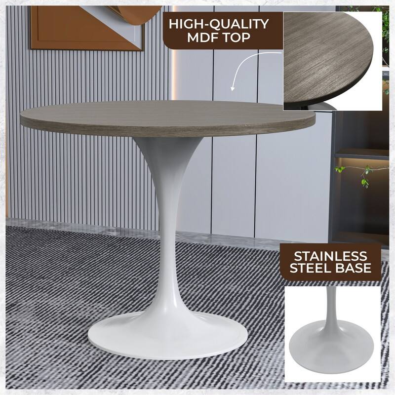 LeisureMod Verve 36" Round Dining Table with MDF Wood TableTop and White Steel Base for Kitchen & Dining Room