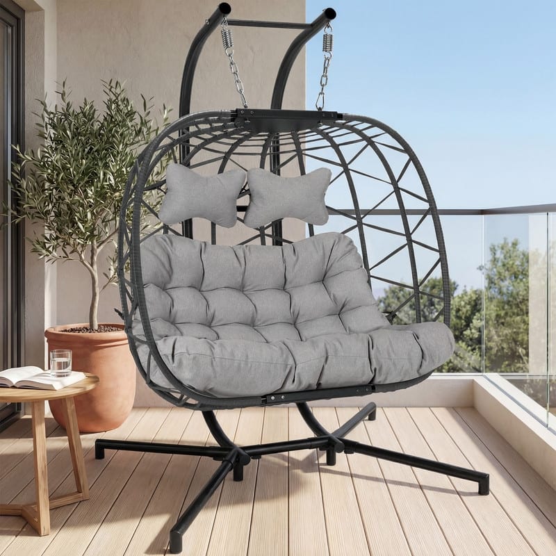 Oversized Outdoor Double Swing Egg Chair, 700 lbs Capacity 2-Person Hanging Egg Chair Swing with Cushion - Light Grey/Grey