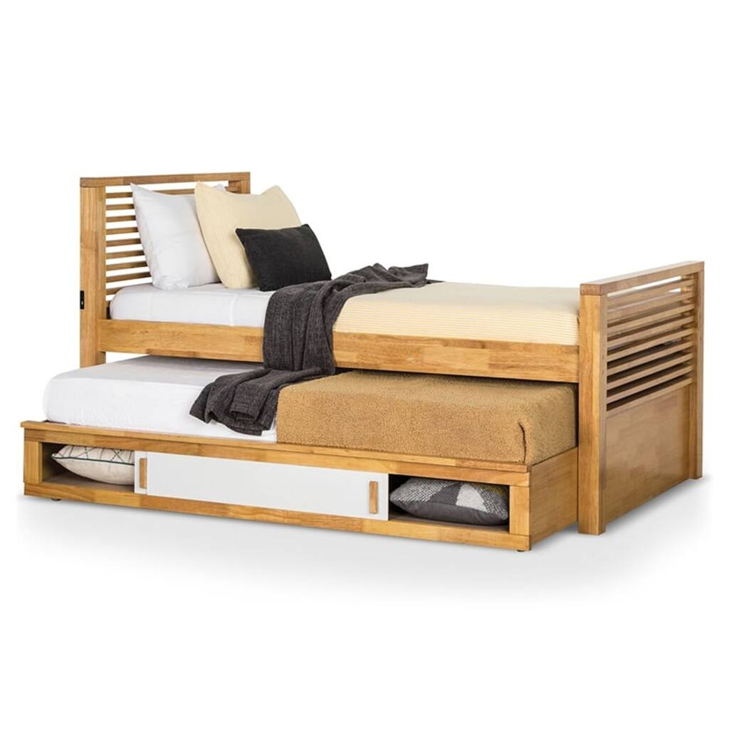 Dilu Twin Size Captain Bed with Storage Trundle, Light Oak Brown