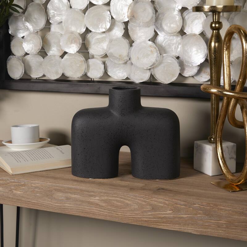 Ceramic Abstract Short Rounded Arched Decorative Vase with Glossy Speckles - Black - Roche River Decor