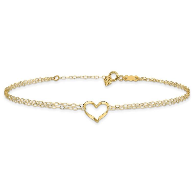 Curata 14k Yellow or White Gold Floating Heart Double Strand Anklet (9" or 10") - 9 Inch - Yellow