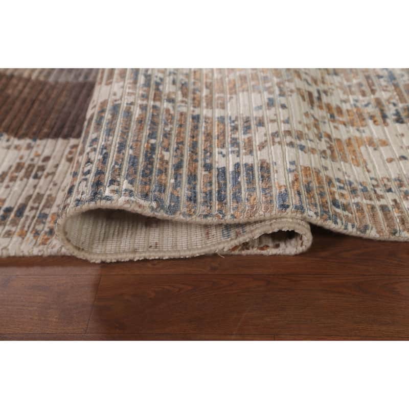 Striped Beige Abstract Oriental Area Rug Handmade Wool Carpet - 6'6"x 9'1"