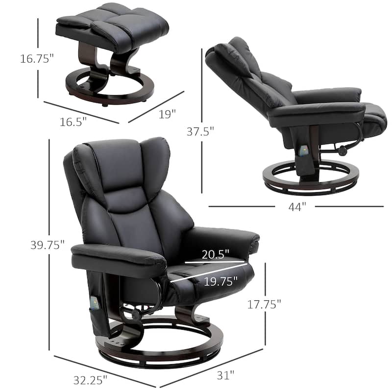 Black PU Leather Massage Recliner Chair with Ottoman, Swivel and Remote - 31" W x 32.25" D x 39.75" H