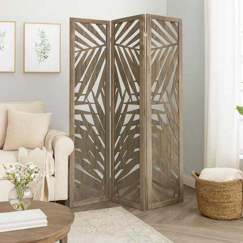 3 Panel Wooden Screen with Laser Cut Tropical Leaf Design, Gray