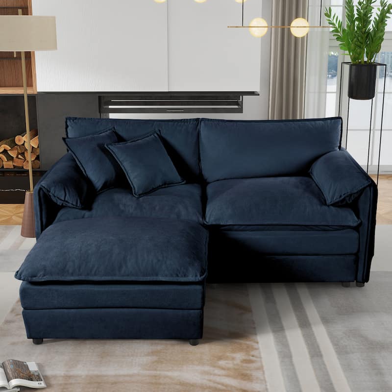 Deep Seat Sectional Sofa Chenille Cloud Loveseat Couch with Ottoman - Blue
