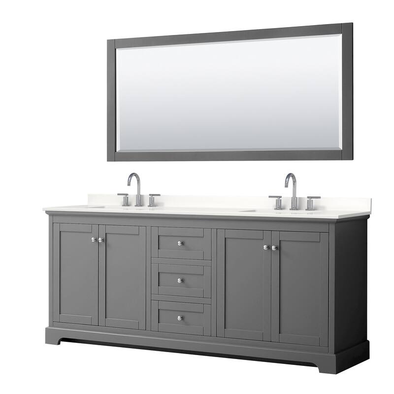 Avery 80-inch Double Vanity, Quartz Top, 70-inch Mirror - Dark Gray, Chrome Trim, White Quartz Top