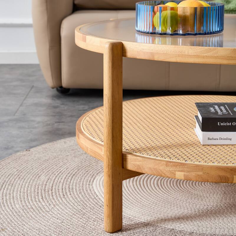 Circular Double-Layer Coffee Table, Glass Coffee Table with Open Rattan Storage Shelf Solid Wood Frame Tea Table