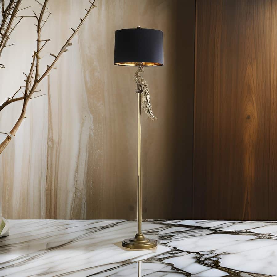 65 Inch Floor Lamp, Peacock, Linen Drum Shade, Pedestal Branch, Gold Finish