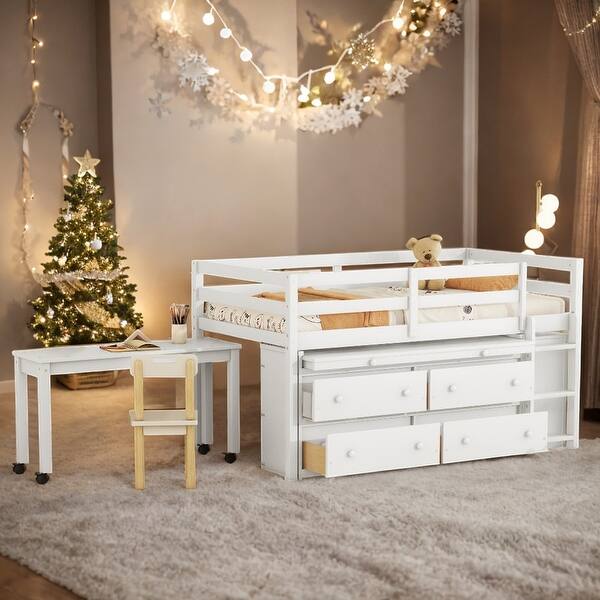 slide 2 of 40, Twin Size Wooden Loft Bed with Shelves, Desk and 4 Drawers, White White