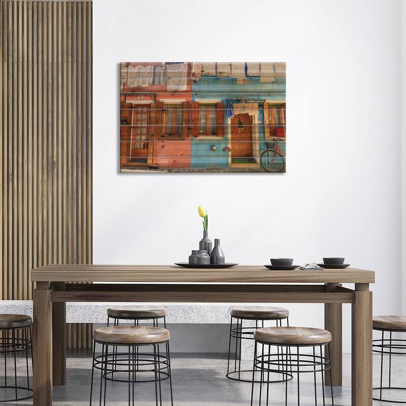 Burano, Italy, Laundry Day Print On Wood by Mark Paulda - Multi-Color