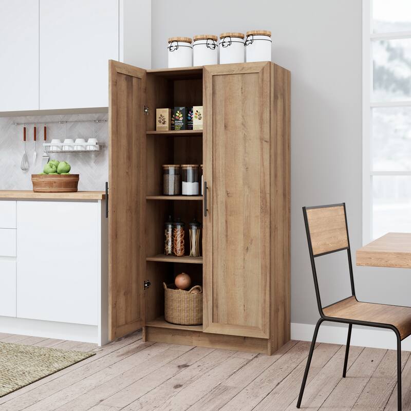 Prepac Elite 65" Tall Oak Accent Kitchen Pantry Cabinet, Craft or Bathroom Storage Cabinet, Buffet Storage with Panel Doors