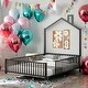 preview thumbnail 1 of 9, Black Full Size Sturdy Metal House Floor Bed with Guardrail, No Included Slats Black