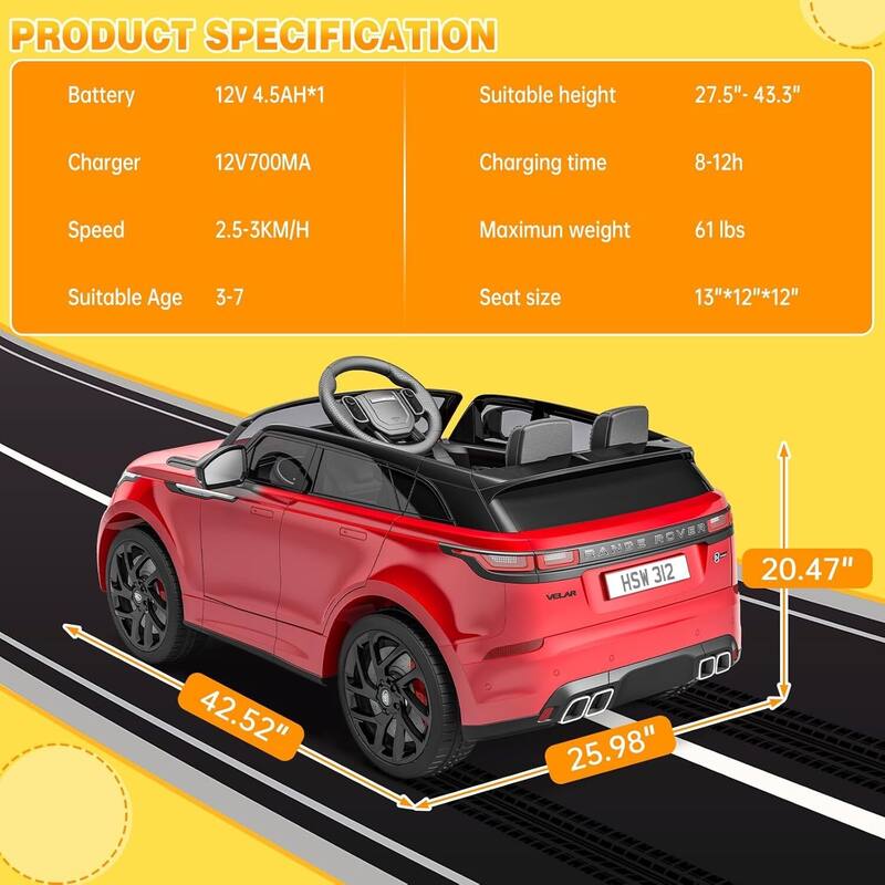 Kids Electric Ride On Toy Car for 4-8 Year Olds with Mp3 Player, Remote Control