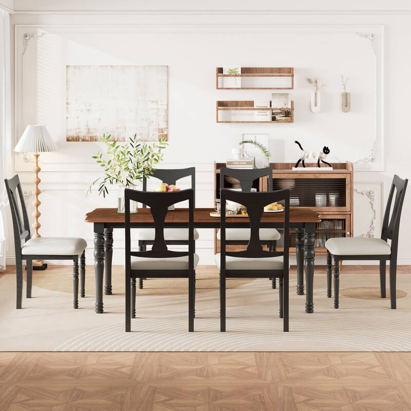 7-Piece Dining Table Set,Extendable Wood Dining Table with Removable Leaf, Kitchen Table Set with 6 Upholstered Side Chair