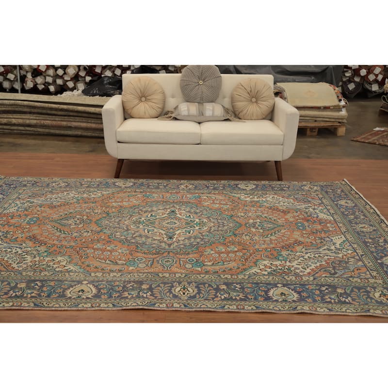 Hand Knotted Oriental 100% Wool Carpet Traditional Floral Oranges & Rust Tabriz Area Rug - 9' 7'' X 6' 5''