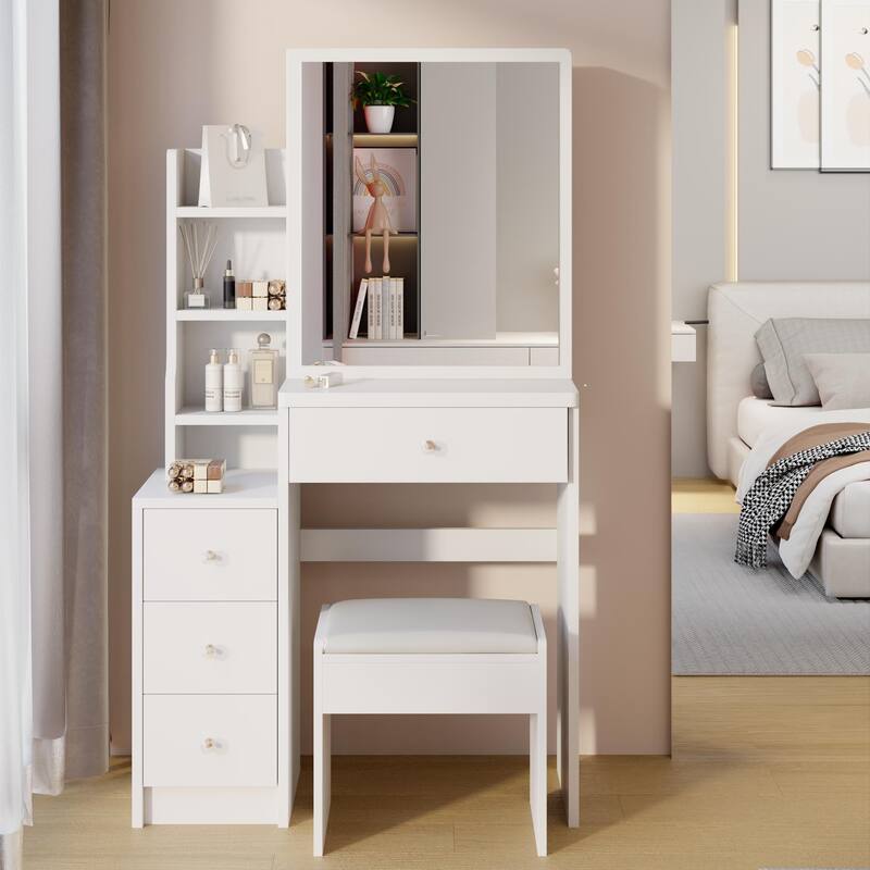 29.2" Small Space Left Bedside Cabinet Vanity Table + Cushioned Stool - White